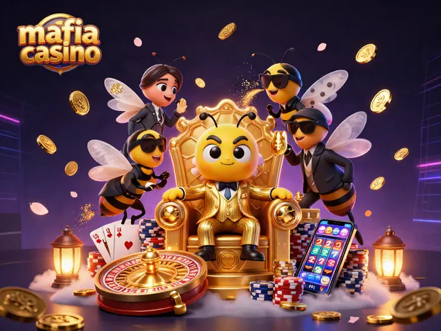 Mafia casino showcases a whimsical cartoon illustration of a bee mob boss amidst a vibrant casino scene.