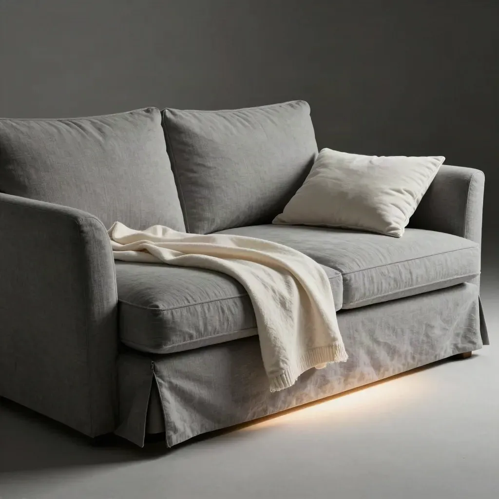 Divano letto grigio semichiuso su tessuto chiaro, con cuscino e plaid crema in studio buio.