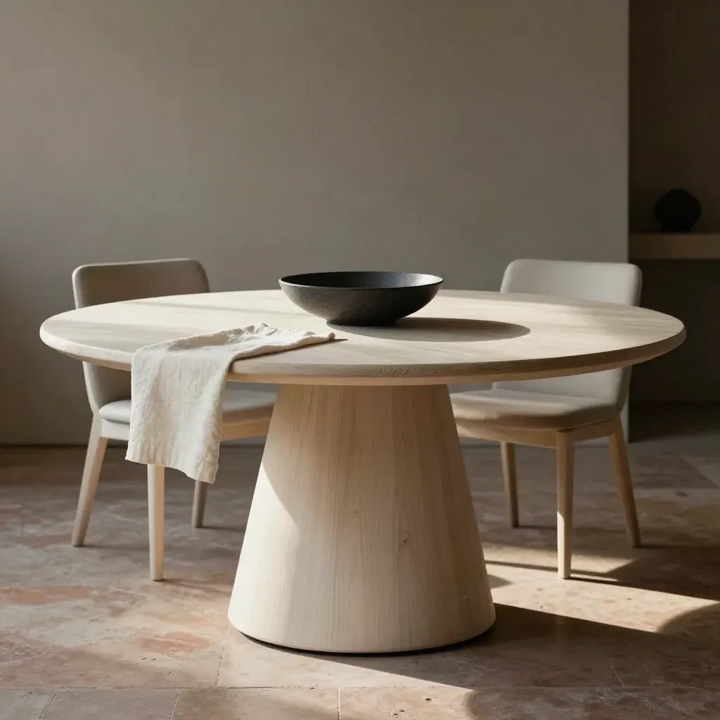 Tavolo rotondo in legno chiaro con due sedie, ciotola in ceramica e runner di lino.