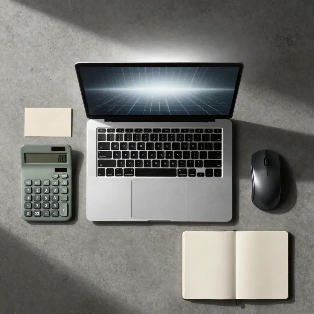 Flat lay dall'alto con laptop, calcolatrice, mouse e taccuino su cemento chiaro.
