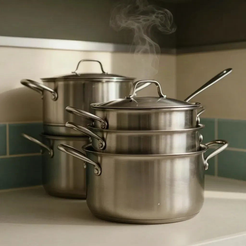 Cinque pentole inox sovrapposte con mestolo, luce radente e vapore tenue in una nicchia cucina.