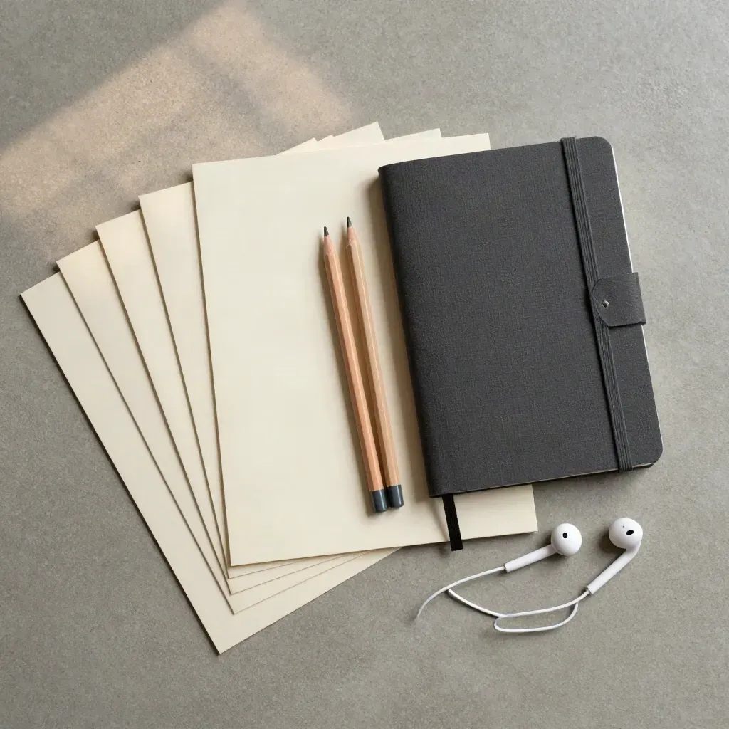 Flatlay di kit per lezione di spagnolo con card, matite, auricolari e quaderno chiuso su cemento.