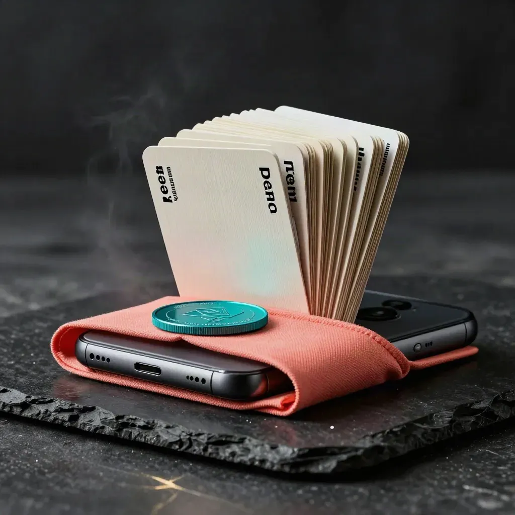 Smartphone nero, stoffa corallo, gettone teal e carte colorate in un set dinamico