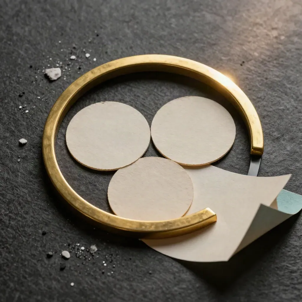 Dettaglio macro di forme logo in ottone, carta e polvere su moodboard piegato.