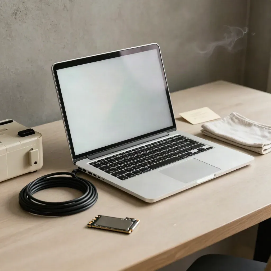 Laptop aperto con kit di riparazione, cavo e SSD su banco chiaro, con vapore freddo.