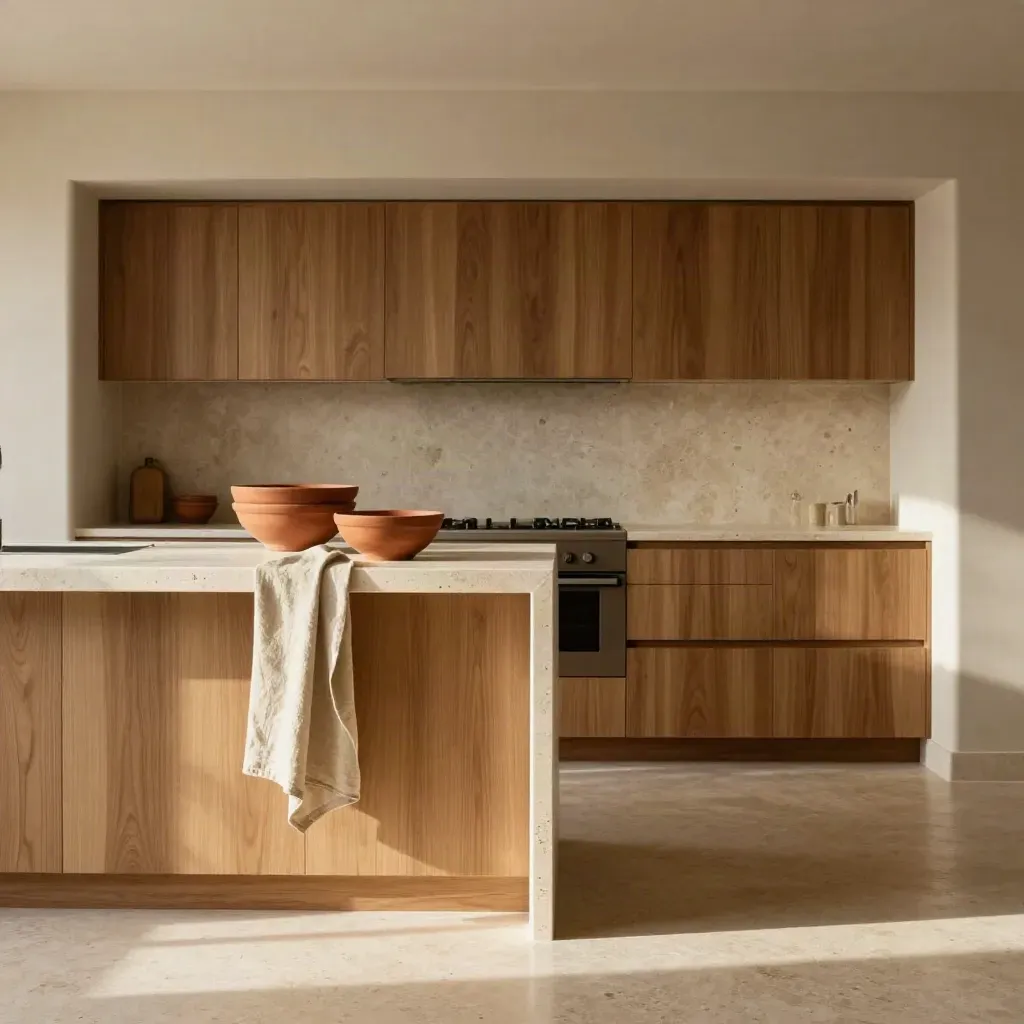 Isola cucina in travertino con legno di rovere, lino e ciotole terracotta, luce morbida.