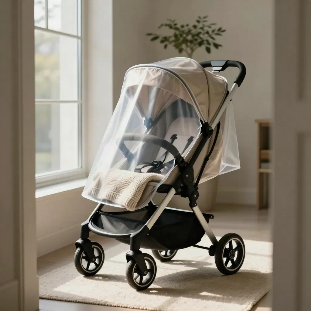 Passeggino leggero pieghevole con copertura antipioggia in un corridoio luminoso