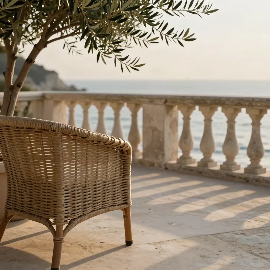 Terrazza costiera al tramonto con sedia intrecciata, balaustra in pietra e ulivo in vaso